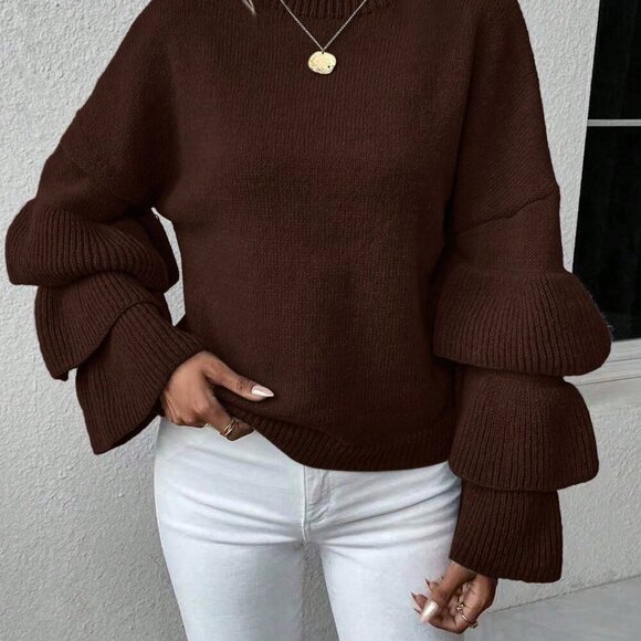 Coffee Brown Casual Women's Loose Sweater with Ruffle Hem and Drop Shoulder - Picture 4 of 6